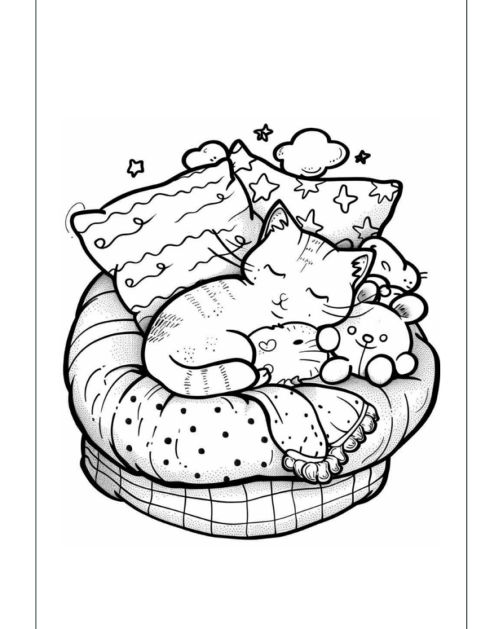 Kotek śpiący w koszyku - darmowa kolorowanka PDF A4 do druku