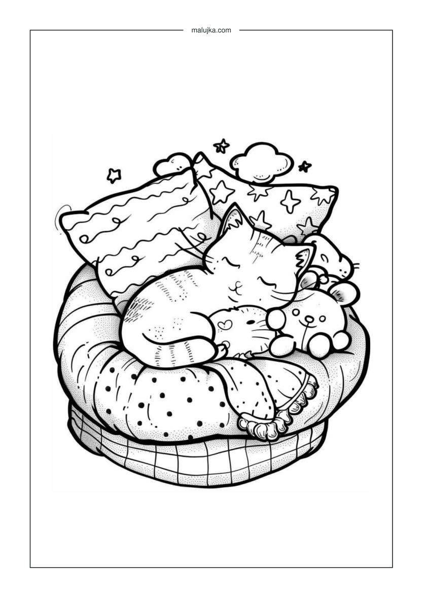 Kotek śpiący w koszyku - darmowa kolorowanka PDF A4 do druku
